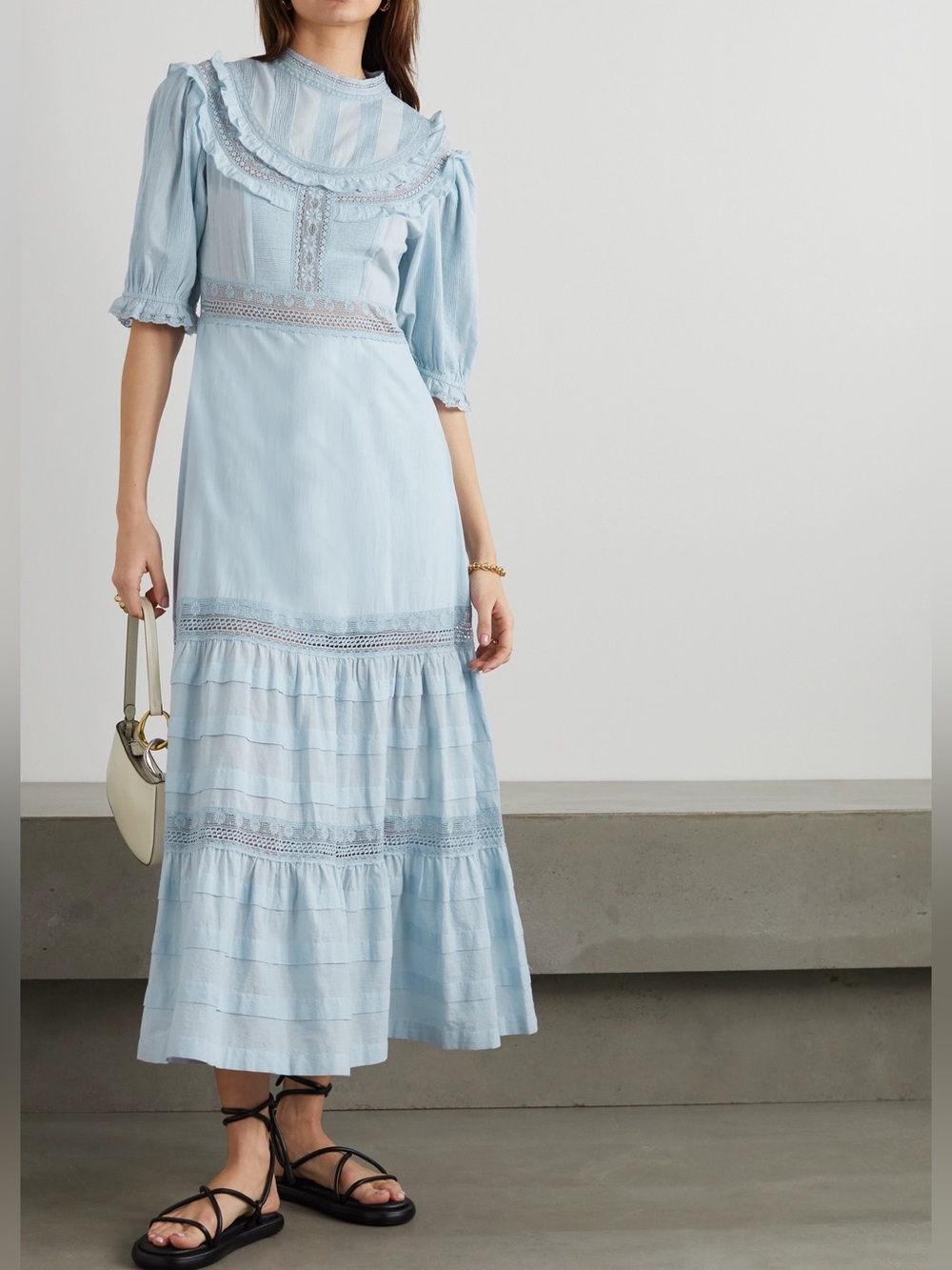 RIXO Rosa Crocheted Lace-Trim Light Blue 100% Cotton Maxi Dress NWT Size 2 - Picture 2 of 10
